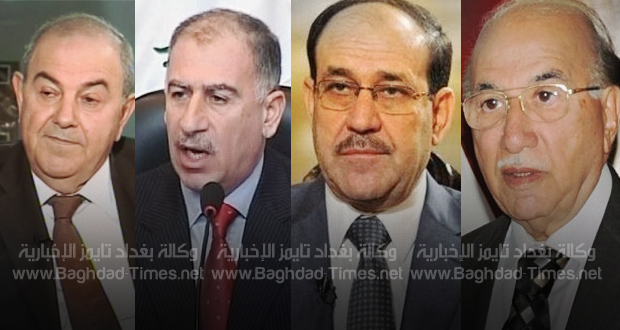 من اليمين إلى اليسار، رئيس مجلس القضاء الأعلى مدحت المحمود، نواب رئيس الجمهورية الثلاثة: نوري المالكي، اسامة النجيفي، اياد علاوي (تعبيرية/Baghdad-Times.Net)
