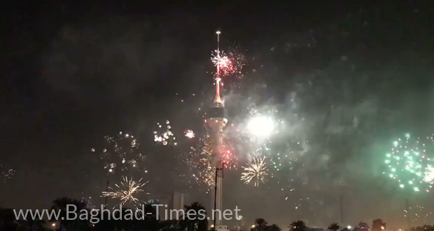 أحتفالات رأس السنة الميلادية لحظة بدأ العام الجديد في بغداد (برج بغداد تحديداً) (1/كانون الثاني/2017)